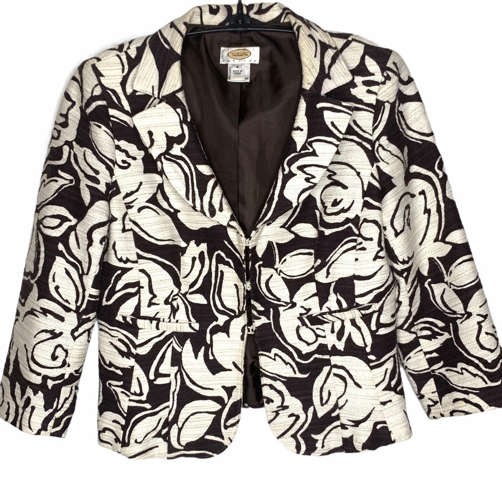 Talbots 3/4 Sleeve Cropped Jacket 6 P Linen Blend Textured Cream Floral Print